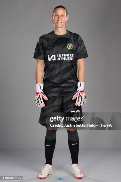 Ann-Katrin Berger of Chelsea poses during the Super League Headshots 2023/24 portrait session on September 13, 2023 in London, England.