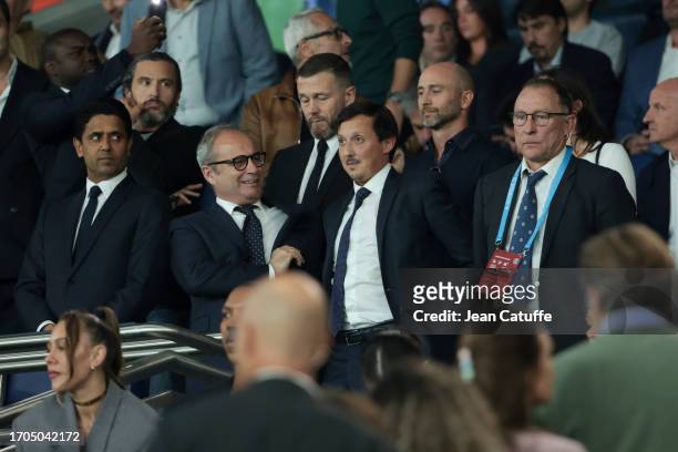 President Nasser Al Khelaifi, PSG manager Luis Campos, President of Olympique de Marseille Pablo Longoria, Jean-Pierre Papin attend the Ligue 1 Uber...