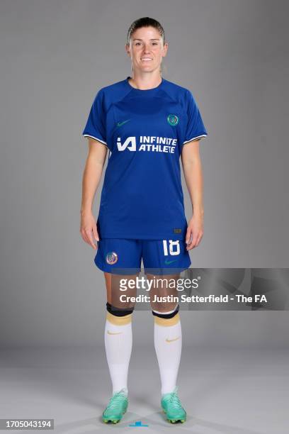 Maren Mjelde of Chelsea poses during the Super League Headshots 2023/24 portrait session on September 13, 2023 in London, England.