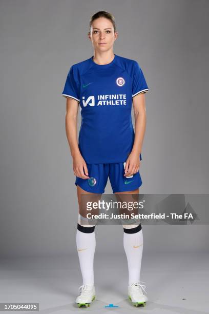 Melanie Leupolz of Chelsea poses during the Super League Headshots 2023/24 portrait session on September 13, 2023 in London, England.