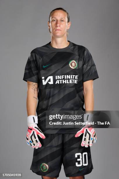 Ann-Katrin Berger of Chelsea poses during the Super League Headshots 2023/24 portrait session on September 13, 2023 in London, England.