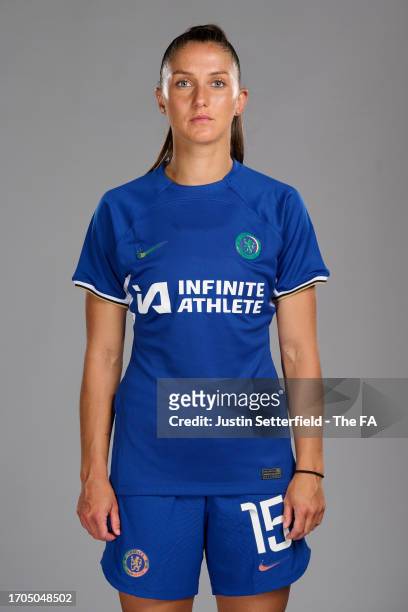 Eve Perisset of Chelsea poses during the Super League Headshots 2023/24 portrait session on September 13, 2023 in London, England.