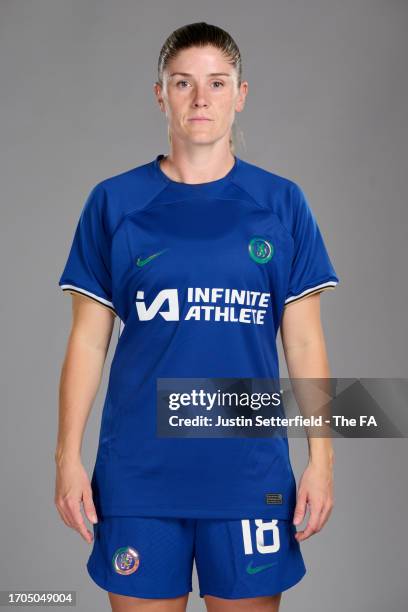 Maren Mjelde of Chelsea poses during the Super League Headshots 2023/24 portrait session on September 13, 2023 in London, England.