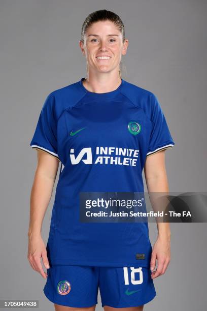 Maren Mjelde of Chelsea poses during the Super League Headshots 2023/24 portrait session on September 13, 2023 in London, England.