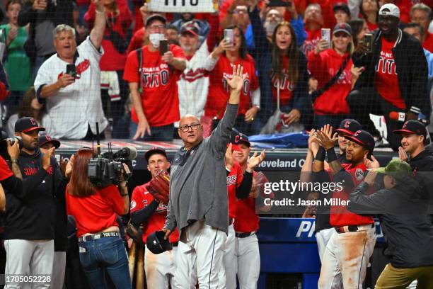 Manager Terry Francona of the Cleveland Guardians waves the fans one last time after the Guardians defeated the Cincinnati Reds at Progressive Field...