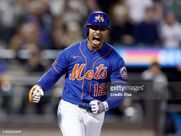 Francisco Lindor of the New York Mets celebrates his solo home run in the fourth inning against the Miami Marlins during game two of a double header...