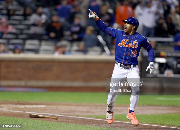 Francisco Lindor of the New York Mets celebrates his solo home run in the fourth inning against the Miami Marlins during game two of a double header...