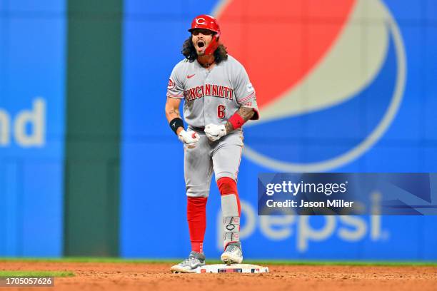 Jonathan India of the Cincinnati Reds celebrates after hitting an RBI double during the eighth inning against the Cleveland Guardians at Progressive...