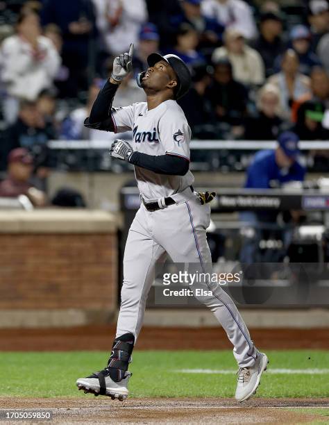 Jesus Sanchez of the Miami Marlins celebrates his solo home run in the fourth inning against the New York Mets during game two of a double header at...