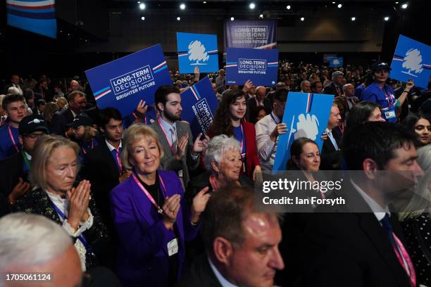 Andrea Leadsom, MP applauds as she stands in a crowd on the final day of the Conservative Party Conference on October 04, 2023 in Manchester,...