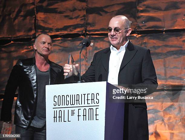 Bernie Taupin and Sting accept the Mercer Award at the Songwriters Hall of Fame 44th Annual Induction and Awards Dinner at the New York Marriott...