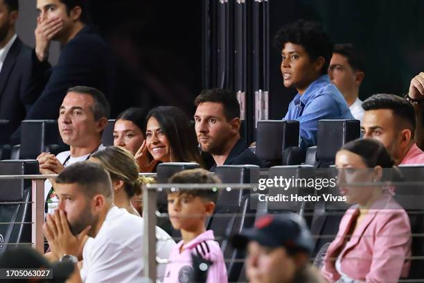 Lionel Messi of Inter Miami watches from the stands against the Houston Dynamo during the 2023 U.S. Open Cup Final at DRV PNK Stadium on September...