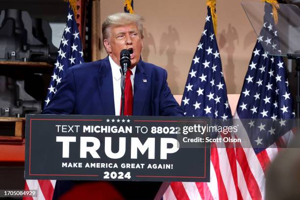 Former U.S. President Donald Trump speaks speaks at a campaign rally at Drake Enterprises, an automotive parts manufacturer, on September 27, 2023 in...