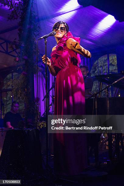 Singer Melody Gardot performs during the Piaget Rose Day Private Event in Orangerie Ephemere at Jardin des Tuileries on June 13, 2013 in Paris,...