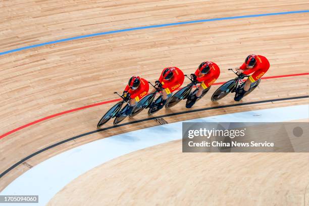 Players of Team China compete in the Cycling Track - Women's Team Pursuit Final Gold medal match on day four of the 19th Asian Games at Chun'an...