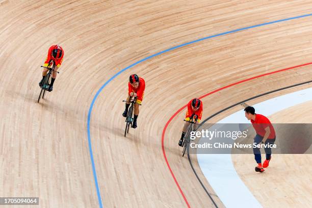 Players of Team China compete in the Cycling Track - Women's Team Pursuit Final Gold medal match on day four of the 19th Asian Games at Chun'an...