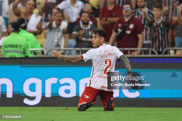 Hugo Mallo of Internacional celebrates after scoring the team's first goal after scoring the team's first goal during a Copa CONMEBOL Libertadores...