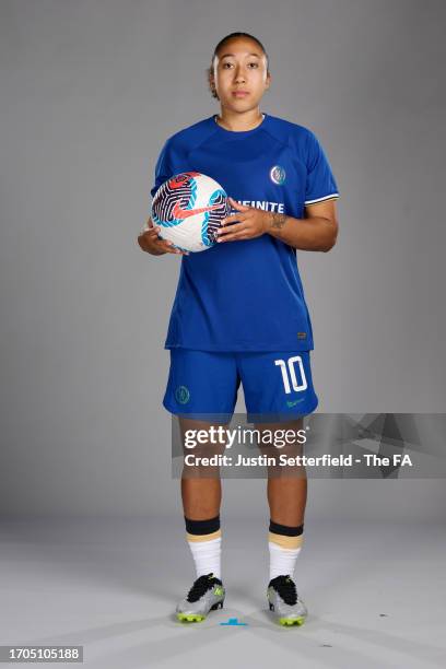 Lauren James of Chelsea poses during the Super League Headshots 2023/24 portrait session on September 13, 2023 in London, England.