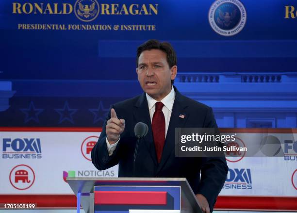 Republican presidential candidate Florida Gov. Ron DeSantis delivers remarks during the FOX Business Republican Primary Debate at the Ronald Reagan...