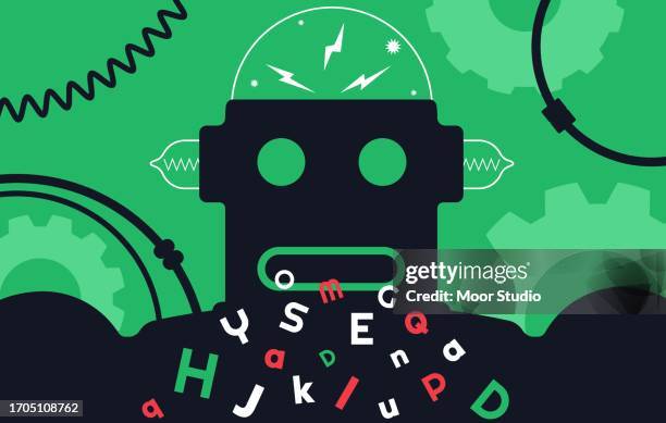 ilustraciones, imágenes clip art, dibujos animados e iconos de stock de robot vintage que genera ilustración vectorial de texto - reemplazo