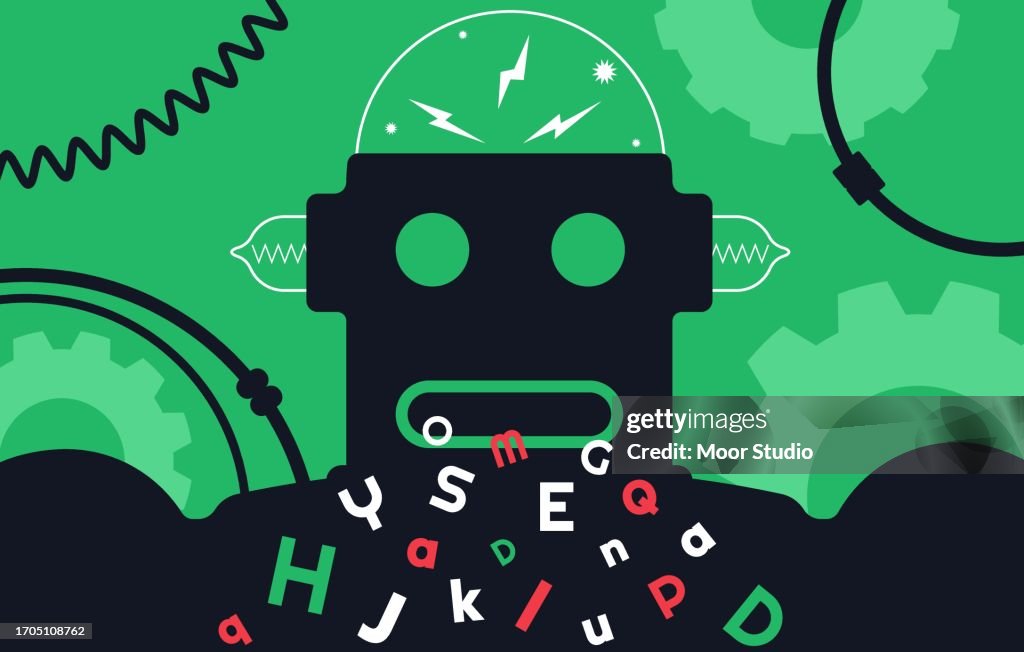 Vintage robot generating text vector illustration
