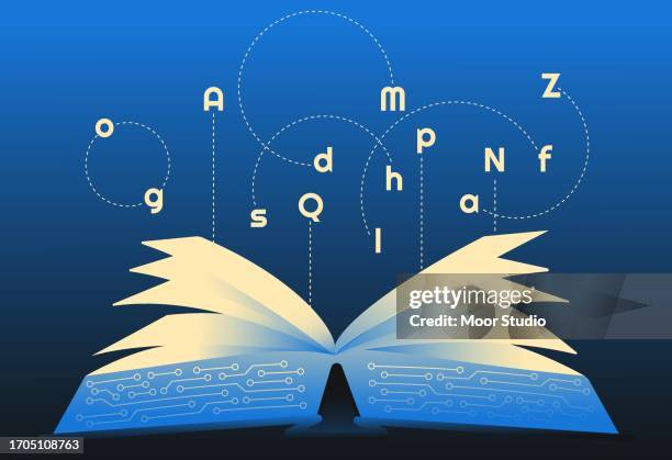 ilustrações de stock, clip art, desenhos animados e ícones de book with microcircuits and glowing letters vector illustration - gerador