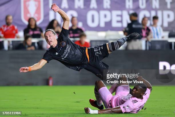 Griffin Dorsey of Houston Dynamo scores a goal in the first half while defended by Kamal Miller of Inter Miami during the 2023 U.S. Open Cup Final at...