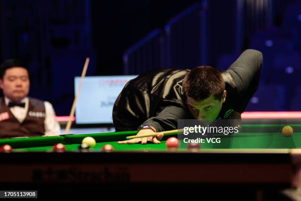 Julien Leclercq of Belgium plays a shot in the third round match against Ding Junhui of China on day 3 of the 2023 Cazoo British Open at the Centaur...