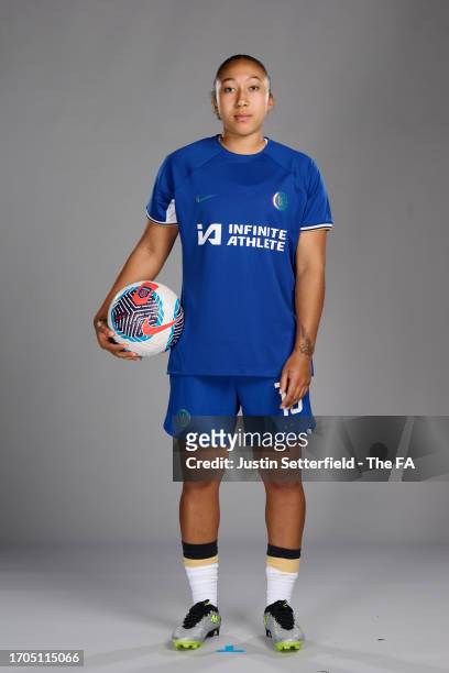 Lauren James of Chelsea poses during the Super League Headshots 2023/24 portrait session on September 13, 2023 in London, England.