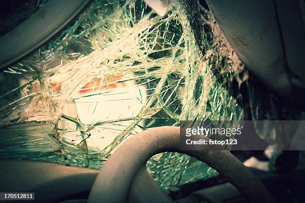 shattered windshield after car crash. vehicle accident. broken glass. - car accident stock pictures, royalty-free photos & images