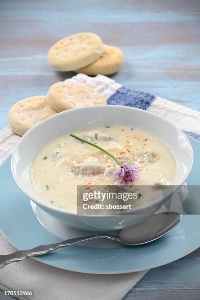 new england oyster stew and crackers on blue plate - cream soup stock pictures, royalty-free photos & images