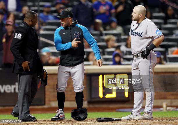 Home plate umpire Ramon DeJesus and manager Skip Schumaker of the Miami Marlins argue in the seventh inning against the New York Mets during game two...