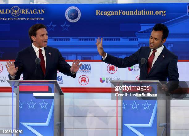 Republican presidential candidates , Florida Gov. Ron DeSantis and Vivek Ramaswamy participate in the FOX Business Republican Primary Debate at the...