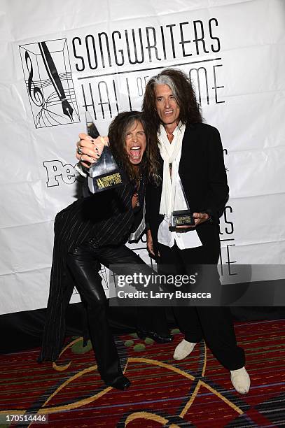 Steven Tyler and Joe Perry of Aerosmith attend the Songwriters Hall of Fame 44th Annual Induction and Awards Dinner at the New York Marriott Marquis...