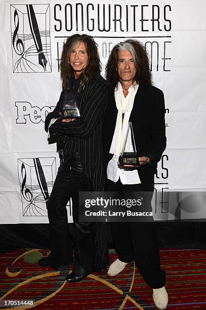 Steven Tyler and Joe Perry of Aerosmith attend the Songwriters Hall of Fame 44th Annual Induction and Awards Dinner at the New York Marriott Marquis...