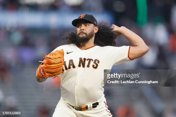 Sean Manaea of the San Francisco Giants pitches in the top of the first inning against the San Diego Padres at Oracle Park on September 27, 2023 in...