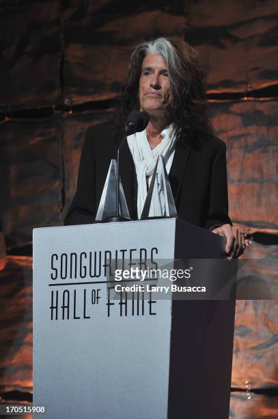 Joe Perry of Aerosmith speaks at the Songwriters Hall of Fame 44th Annual Induction and Awards Dinner at the New York Marriott Marquis on June 13,...