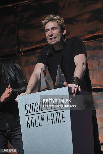 Chad Kroeger of Nickelback speaks at the Songwriters Hall of Fame 44th Annual Induction and Awards Dinner at the New York Marriott Marquis on June...