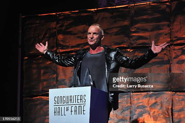 Sting speaks at the Songwriters Hall of Fame 44th Annual Induction and Awards Dinner at the New York Marriott Marquis on June 13, 2013 in New York...