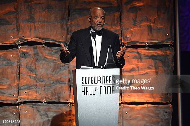 Berry Gordy speaks at the Songwriters Hall of Fame 44th Annual Induction and Awards Dinner at the New York Marriott Marquis on June 13, 2013 in New...