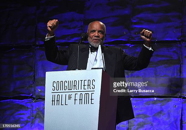 Berry Gordy speaks at the Songwriters Hall of Fame 44th Annual Induction and Awards Dinner at the New York Marriott Marquis on June 13, 2013 in New...