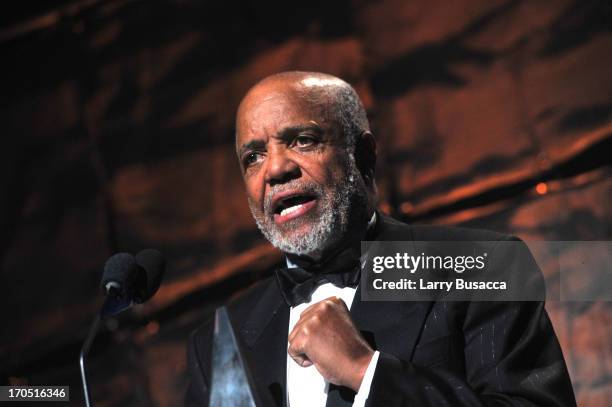 Berry Gordy speaks at the Songwriters Hall of Fame 44th Annual Induction and Awards Dinner at the New York Marriott Marquis on June 13, 2013 in New...