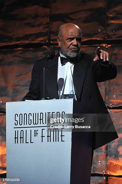 Berry Gordy speaks at the Songwriters Hall of Fame 44th Annual Induction and Awards Dinner at the New York Marriott Marquis on June 13, 2013 in New...