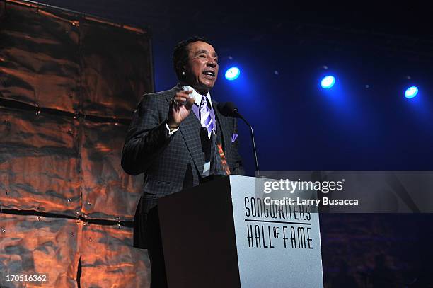 Smokey Robinson speaks at the Songwriters Hall of Fame 44th Annual Induction and Awards Dinner at the New York Marriott Marquis on June 13, 2013 in...