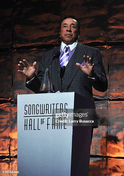 Smokey Robinson speaks at the Songwriters Hall of Fame 44th Annual Induction and Awards Dinner at the New York Marriott Marquis on June 13, 2013 in...