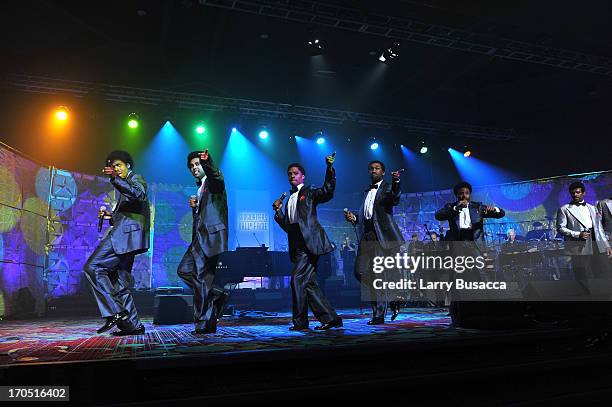 The cast of Motown The Musical performs at the Songwriters Hall of Fame 44th Annual Induction and Awards Dinner at the New York Marriott Marquis on...