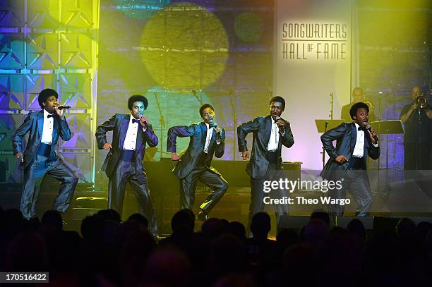 The cast of Motown The Musical performs at the Songwriters Hall of Fame 44th Annual Induction and Awards Dinner at the New York Marriott Marquis on...