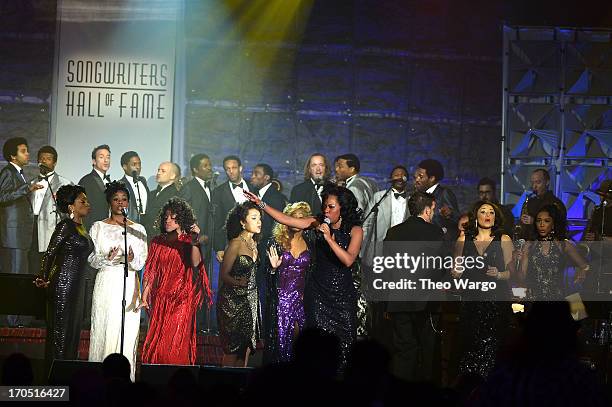 The cast of Motown The Musical performs at the Songwriters Hall of Fame 44th Annual Induction and Awards Dinner at the New York Marriott Marquis on...