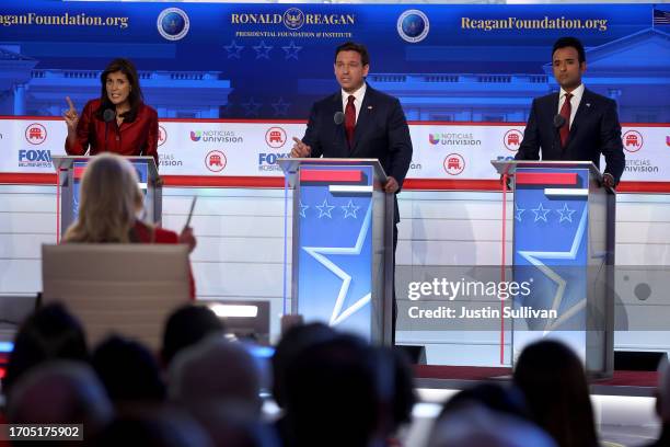 Republican presidential candidates, former U.N. Ambassador Nikki Haley, Florida Gov. Ron DeSantis and Vivek Ramaswamy participate in the FOX Business...