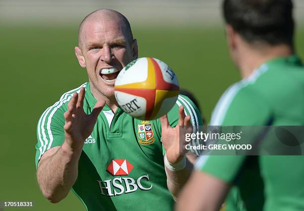 British and Irish Lions player Paul O'Connell attends a team training session during the captain's run in Sydney on June 14, 2013. The Lions will...